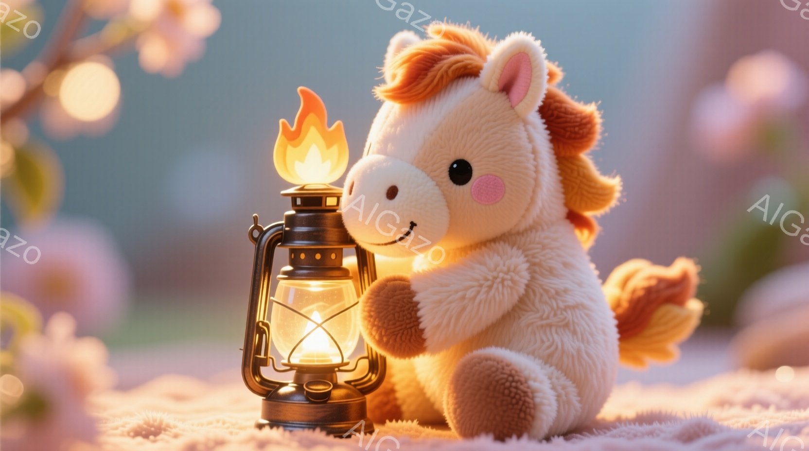 ふわふわしたクリーム色のぬいぐるみ馬が、アンティーク調の灯油ランタンを抱えています。馬は穏やかな表情で、オレンジ色のたてがみと尻尾が特徴的です。背景にはぼやけたピンク色の花が咲き乱れ、柔らかく幻想的な雰囲気を醸し出しています。