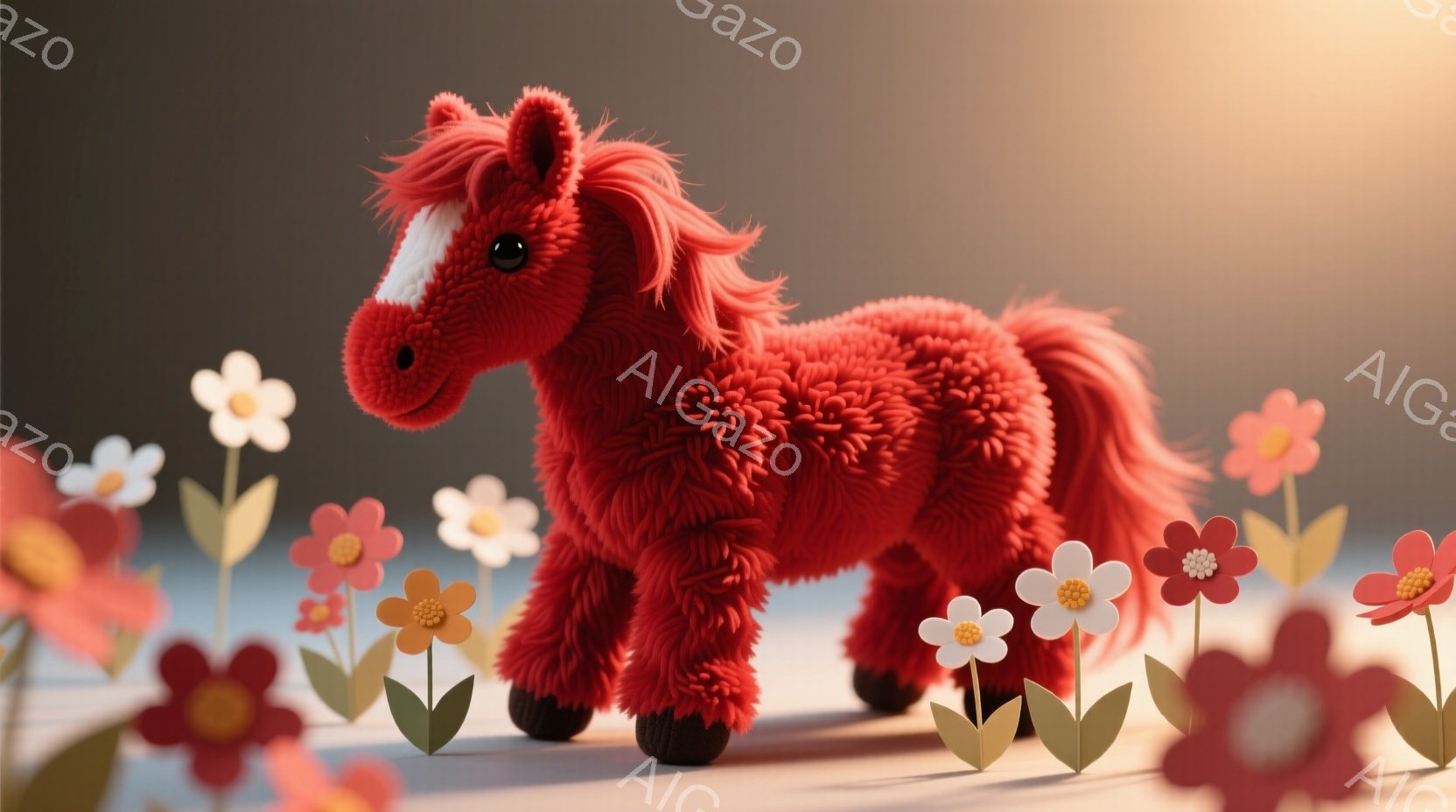 ふわふわとした赤い毛並みの馬のおもちゃが描かれています。馬は白い顔と黒い脚を持ち、穏やかな表情をしています。背景には、様々な色の紙で作られた花々が咲き乱れ、馬の周りを彩り、明るく温かい雰囲気を醸し出しています。