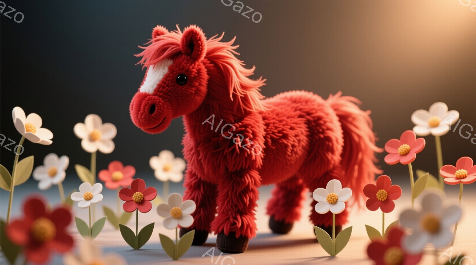 鮮やかな赤色の毛並みを持つテディベアのような馬が描かれています。馬は、緑色の蹄と、顔の中央に白いブレーズが入っており、穏やかな表情をしています。背景には、様々な色の造花が咲き乱れ、柔らかな光が差し込むことで、温かく夢幻的な雰囲気が漂っています。
