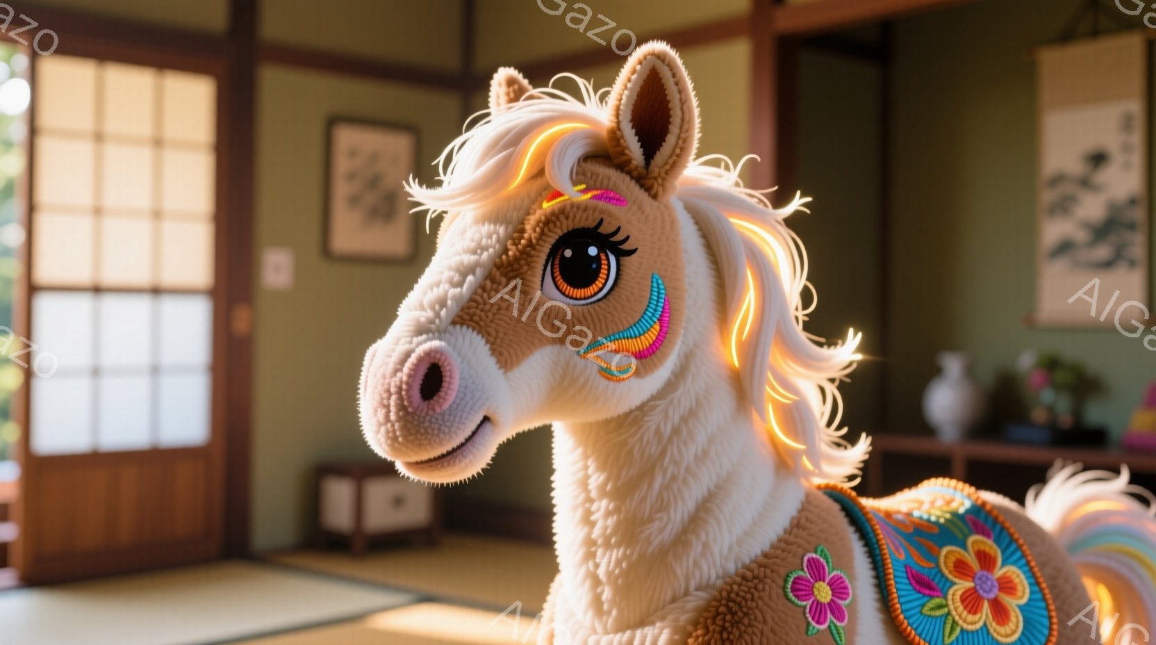 明るい茶色の毛並みを持つ玩具の馬が写っている。カラフルな刺繍が施された鞍を背にしており、たてがみと尾は金色に近い色で、かわいらしい表情をしている。背景は畳敷きの和室で、障子と掛け軸が見え、穏やかで温かい雰囲気である。