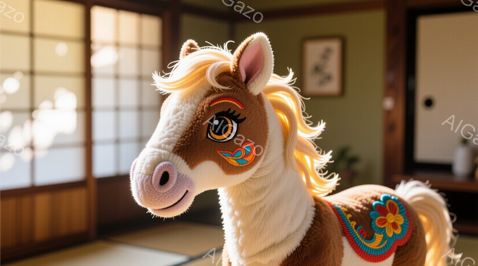 茶色と白の毛並みを持つ、かわいらしいおもちゃの馬が写っています。馬は左を向き、優しい表情で正面を見つめており、首とたてがみがふわふわと揺れています。背景には畳の部屋と障子、そして壁にかかった絵がぼんや - AI生成フリー素材