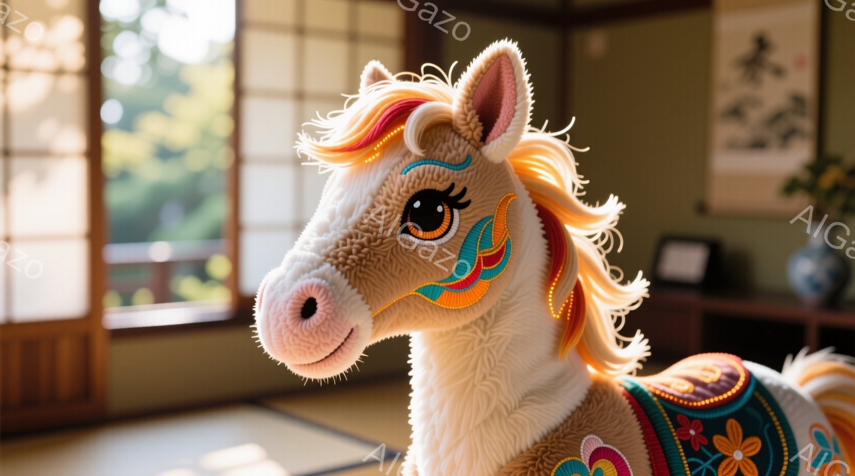 白い毛並みの可愛らしいおもちゃの馬が、カメラの方を向いています。鮮やかなターコイズとオレンジの模様が顔に入っており、たてがみは金色のカールで飾られています。背景には畳の部屋と障子、そして和風の装飾が映り込み、落ち着いた温かい雰囲気です。
