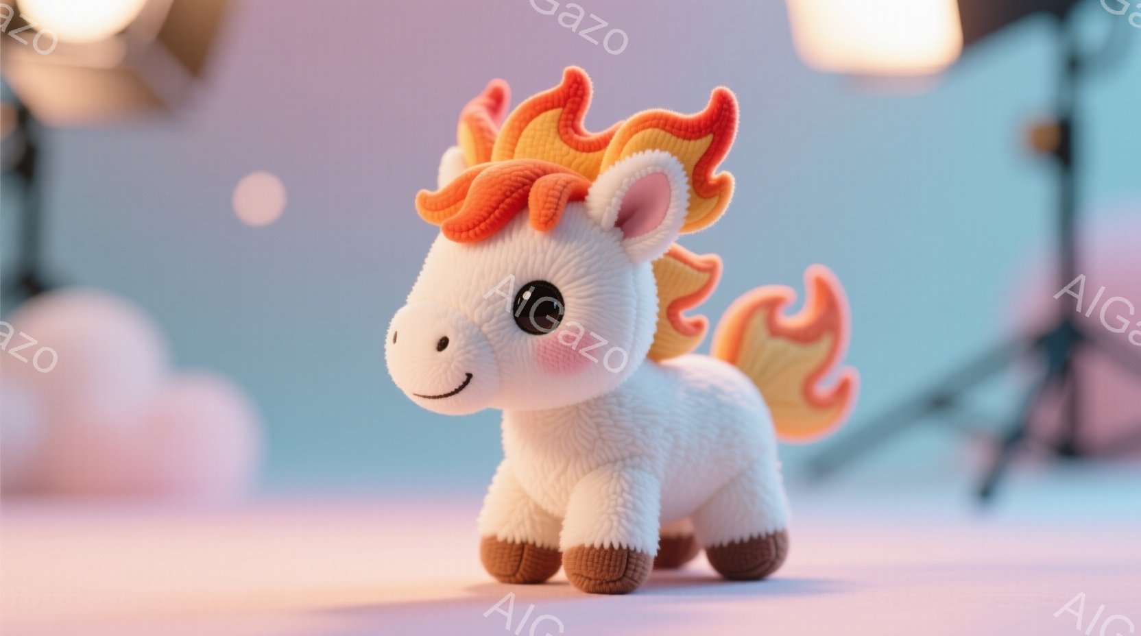 ふわふわとした白いユニコーンのぬいぐるみで、桃色の頬と愛らしい笑顔を浮かべています。たてがみと尾は燃えるように鮮やかなオレンジと黄色のグラデーションで、丸みを帯びた優しいフォルムが特徴です。背景は柔らかなピンクと水色のグラデーションで、スタジオのような照明が暖かく、可愛らしい雰囲気を引き立てています。