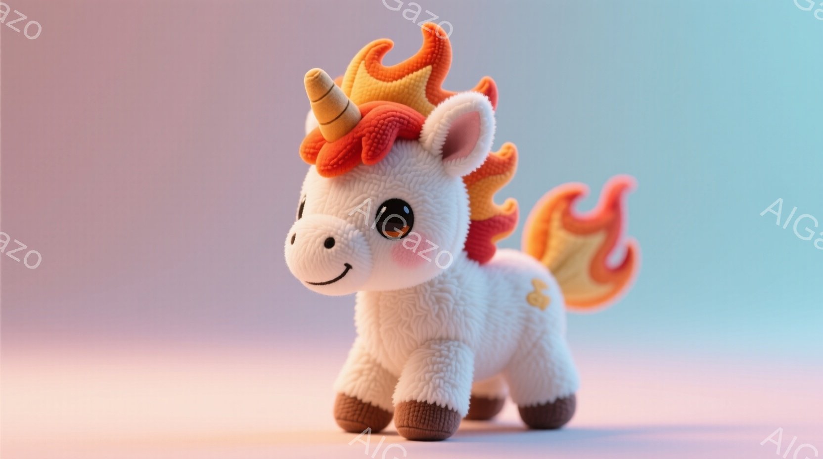 白くてふわふわとしたユニコーンが、温かいピンクと紫のグラデーションの背景を前に立っています。そのたてがみと尾は炎のように赤とオレンジのグラデーションで、可愛らしい表情と輝く角が特徴です。 全体的に柔らかく、夢のような、そして愛らしい雰囲気を醸し出しています。