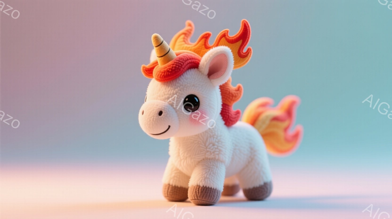 白いユニコーンが、つややかな角と燃えるような赤い鬣と尻尾を持って、穏やかな表情で立っています。ふわふわとした体毛は柔らかい印象を与え、その愛らしい姿は見る者を魅了します。背景は淡いピンクと水色でグラデーションになっており、夢のような雰囲気を醸し出しています。