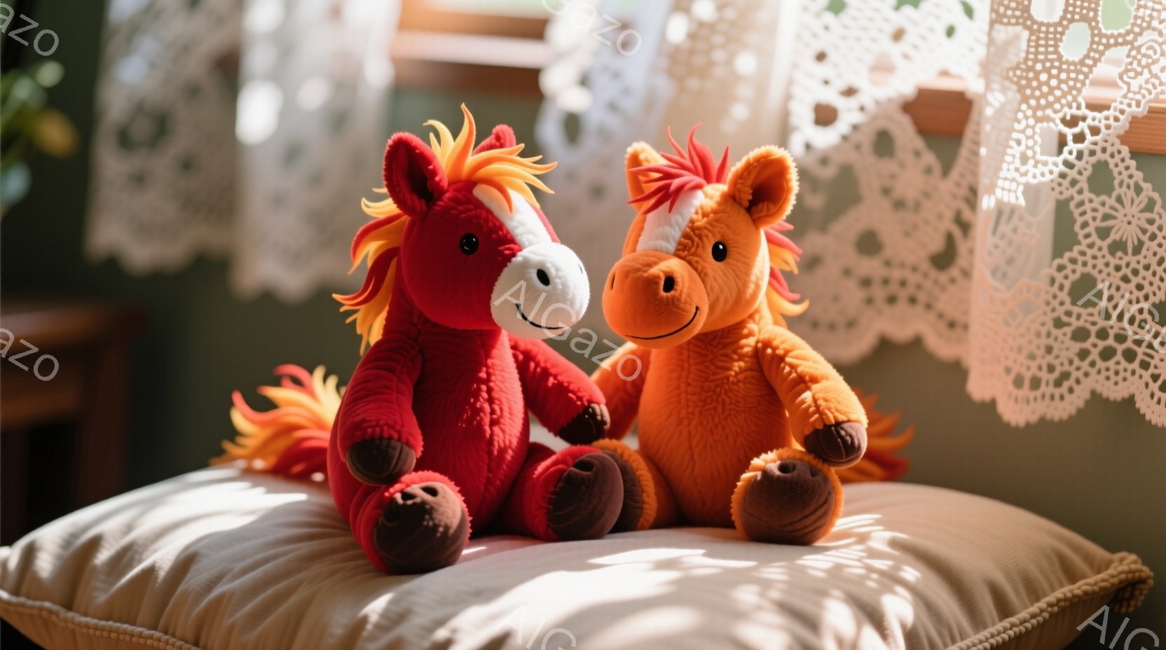 鮮やかな赤色とオレンジ色の2匹のぬいぐるみ馬が、淡いクリーム色のクッションの上に座っています。馬たちは前足を伸ばし、穏やかな表情で正面を見つめており、その毛並みは柔らかく、まるで生きているかのようです - AI生成フリー素材