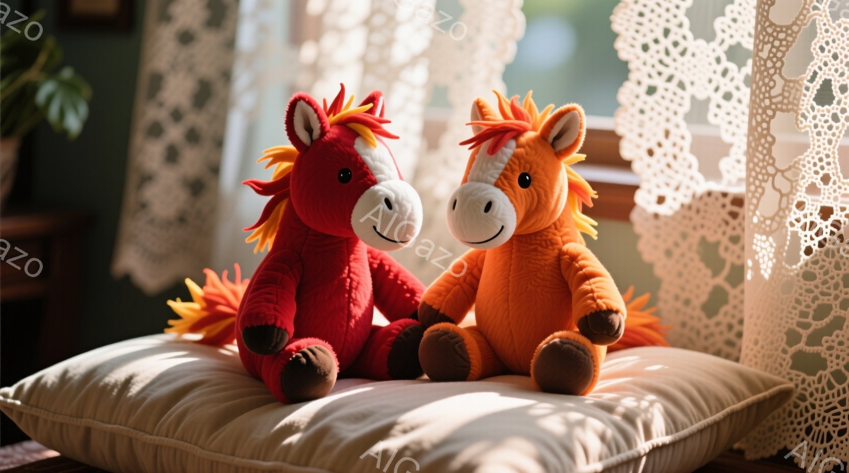 鮮やかな赤色とオレンジ色の2体のぬいぐるみ馬が、クリーム色の柔らかい枕の上に並んで座っています。馬たちは共に微笑み、頭部にはオレンジと黄色の毛並みが特徴的なたてがみがあります。背景には繊細なレースのカ - AI生成フリー素材
