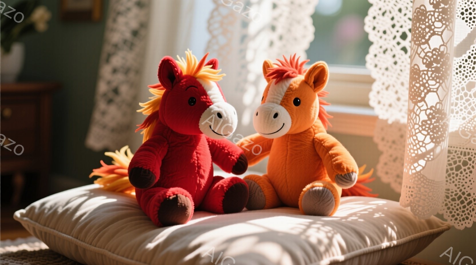 赤とオレンジ色の2匹のぬいぐるみ馬が、白いクッションの上に座って並んでいます。馬たちは微笑んでおり、毛並みはふさふさとしていて、暖かく優しい雰囲気を醸し出しています。背景にはレースのカーテンと木製の家具が見え、柔らかい光が差し込んでおり、穏やかで心地よい空間が演出されています。