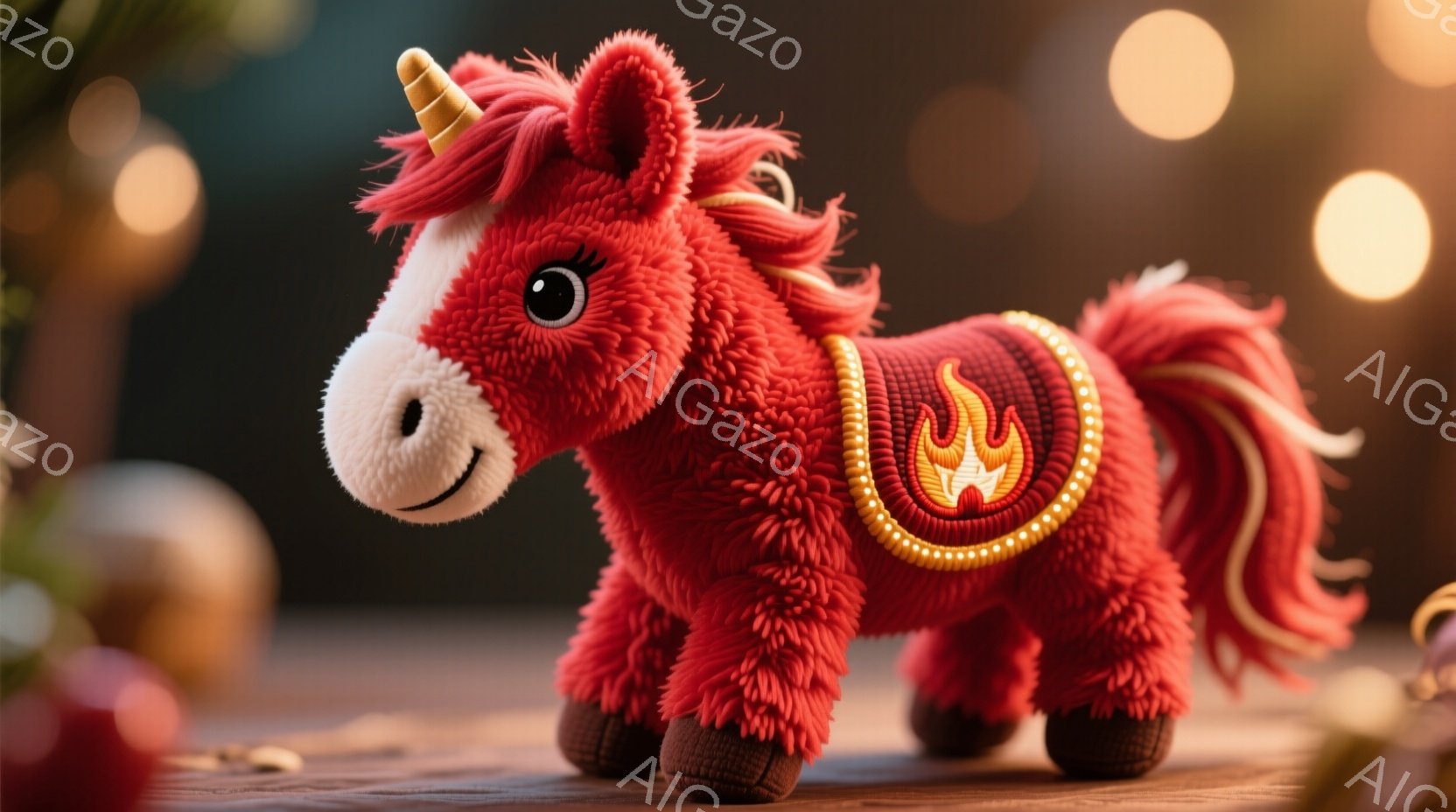 赤い毛並みを持つユニコーンのぬいぐるみで、金色の装飾が施されたハーネスを身に着けています。つぶらな瞳と優しい表情を持ち、ふわふわとしたたてがみが特徴的です。背景にはぼやけたクリスマスオーナメントと光のぼかしがあり、温かく幻想的な雰囲気を醸し出しています。