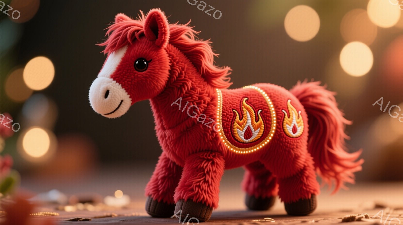 深い赤色の毛並みを持つ、可愛らしいテディベアのような馬のおもちゃが写っています。背中には金色の装飾と炎の刺繍が施されており、黒色の蹄が特徴的です。背景はぼやけた光のぼかしで、暖かく幻想的な雰囲気を醸し出しています。