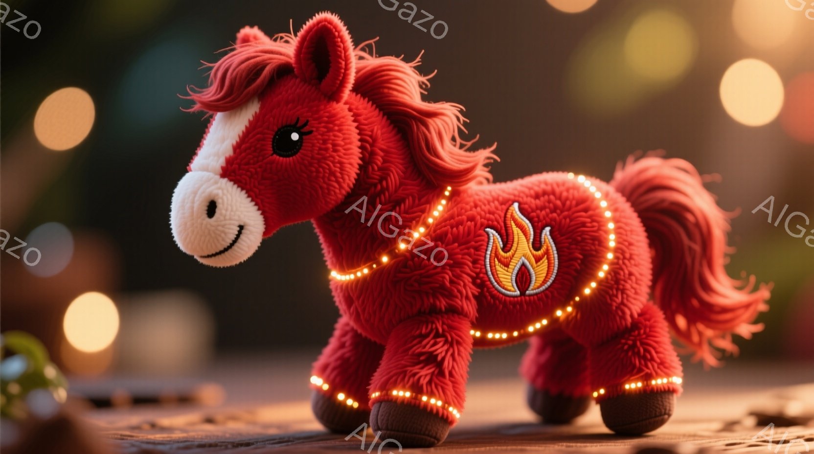 明るい赤色の毛並みを持つぬいぐるみ馬が、暗い背景を背景に写っています。馬は金色の飾りと炎のマークが施されたハーネスを身に着け、少し前かがみの姿勢で立っています。背景にはぼやけた光のぼかしがあり、暖かく幻想的な雰囲気を醸し出しています。