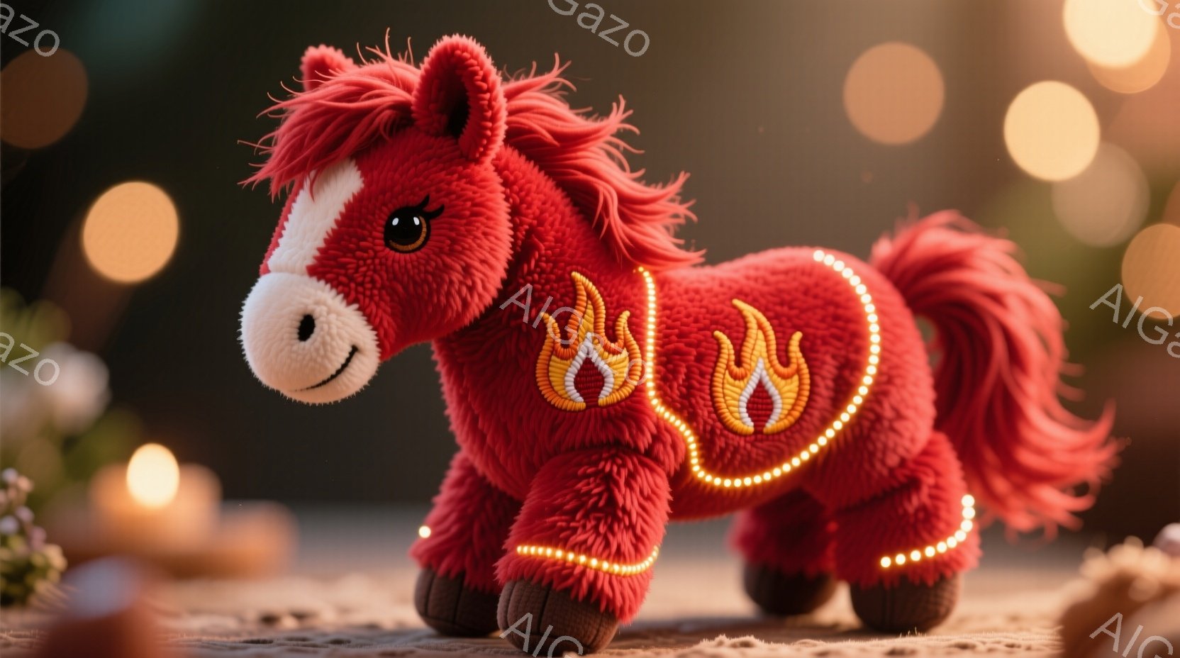 真っ赤な毛並みの可愛らしい子馬が、まるでぬいぐるみのように描かれている。背中にはオレンジと黄色の炎の刺繍が施されたハート型の装飾があり、足元は黒色の蹄で、全体的に温かみのある印象を与える。背景にはぼん - AI生成フリー素材