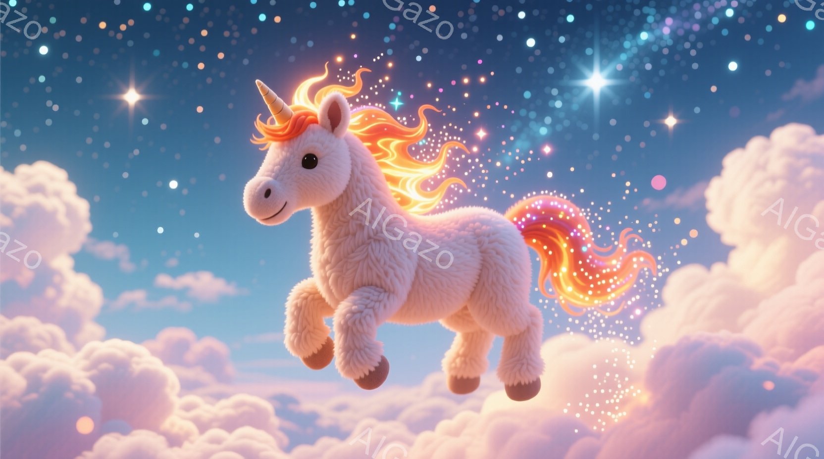 白いユニコーンが雲の上を軽やかに飛んでいる姿が描かれています。たてがみと尻尾は炎のようなオレンジとピンクのグラデーションで、きらきらと輝いています。背景はパステルカラーの雲と星空で、夢のような幻想的な - AI生成フリー素材