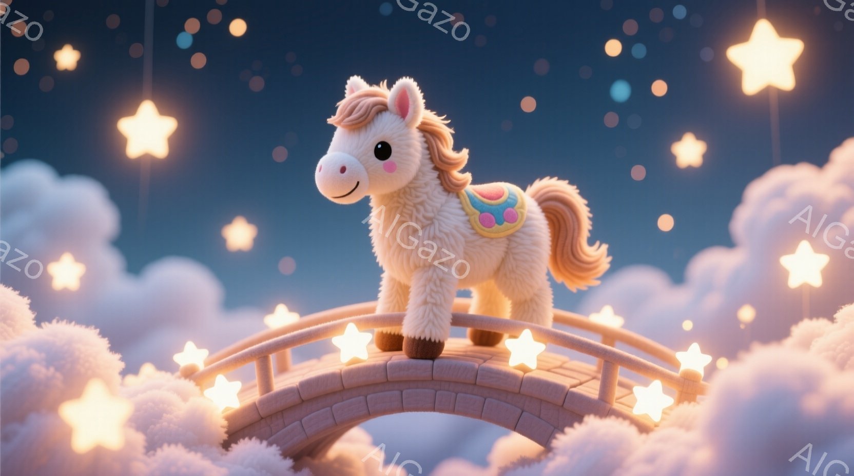 ふわふわとした白い馬が、雲の上に架かるアーチ状の橋の中央に立っている。馬はピンクと水色の装飾が施された鞍を背中に乗せ、豊かなたてがみが特徴的で、穏やかな表情を浮かべている。背景は夜空を思わせる深い青色で、星と雲が浮かび、夢のような幻想的な雰囲気を醸し出している。