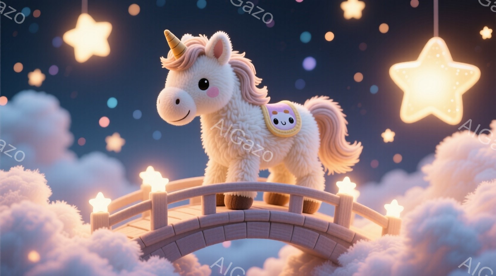 ふわふわの白いユニコーンが、雲の上に架かる小さな橋の上を歩いています。ユニコーンは、首にピンクのリボンと小さなケーキの飾りをつけており、優しい表情をしています。背景には、星空とふわふわとした雲が広がり、夢のような幻想的な雰囲気を醸し出しています。