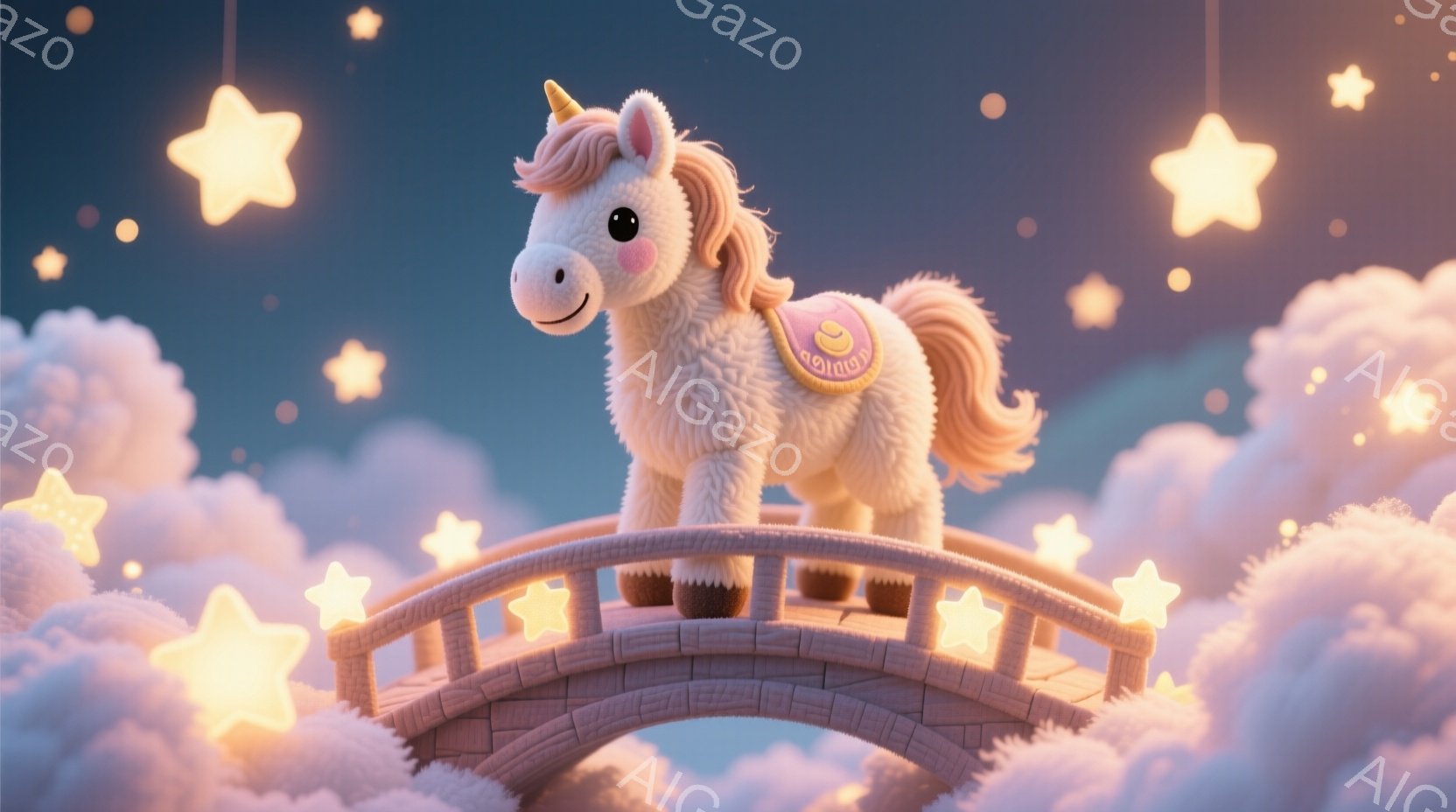 ふわふわのユニコーンが、雲の上に架かる虹色のアーチ状の橋を優雅に歩いている。ユニコーンは、肩に金色の装飾が施された赤いマントをまとい、たてがみと尾はゆるやかにカールしている。背景には、輝く星々と柔らか - AI生成フリー素材