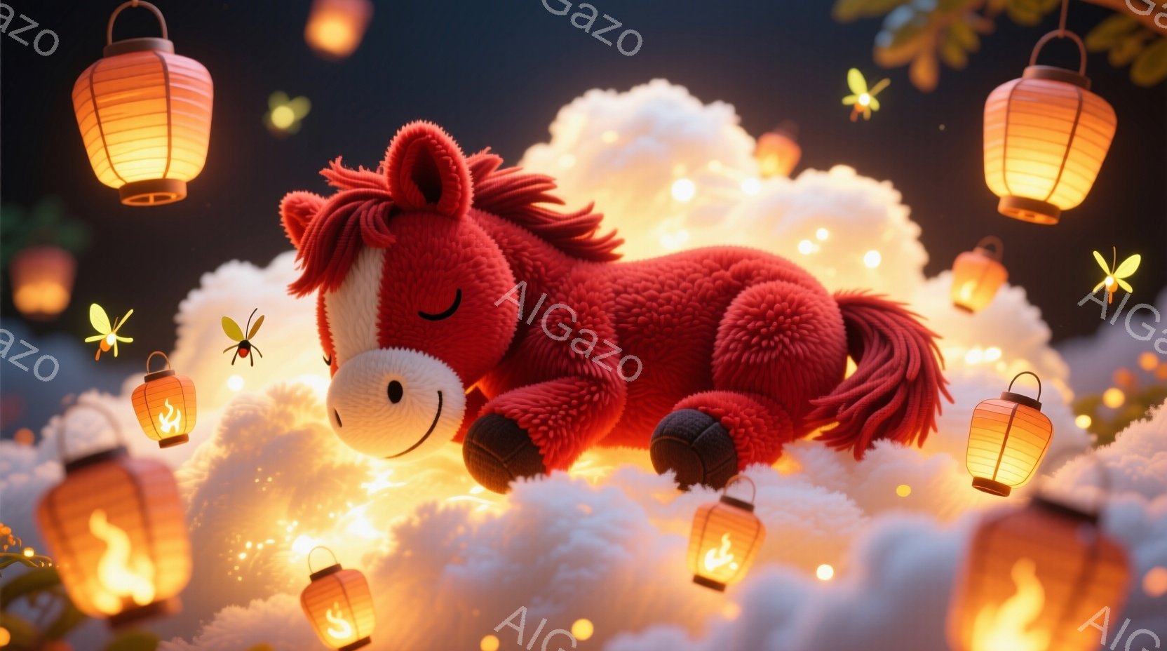 赤い毛並みの愛らしい子馬が、ふかふかの白い雲の上に横たわって眠っています。周りには小さな提灯が浮かび、キラキラとした光が雲を照らし出しています。暖かく穏やかな雰囲気で、まるで夢の中にいるような幻想的な - AI生成フリー素材