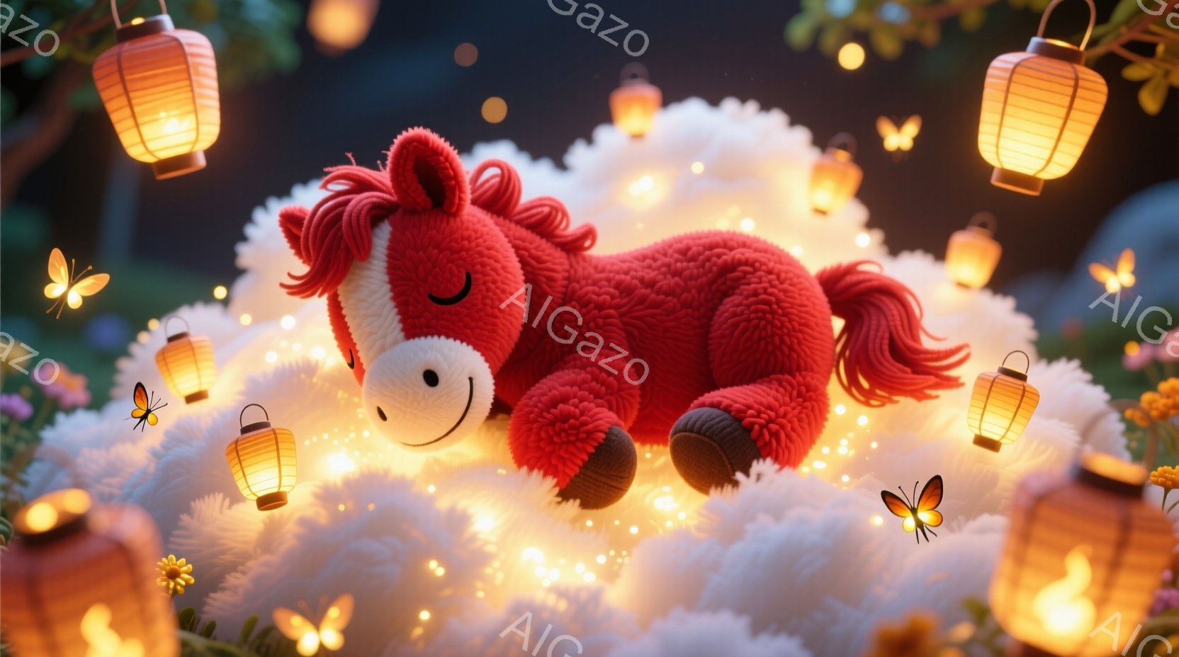 赤毛の愛らしい子馬がふわふわの雲の上に横たわっており、穏やかな表情で目を閉じています。周囲にはオレンジ色の提灯が浮かび、黄色い花々が咲き乱れ、蝶が舞い、幻想的な雰囲気を醸し出しています。全体的に温かく - AI生成フリー素材