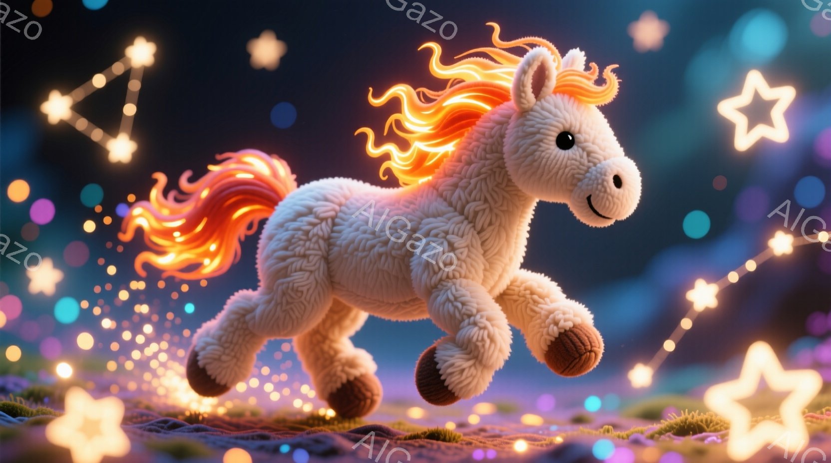 ふわふわとした白い毛並みのユニコーンが、オレンジ色のたてがみと尾をなびかせながら駆けている。背景には、星屑のような光が散りばめられ、光り輝く星形のオブジェが浮かんでいる。全体的に夢幻的で、温かく優しい - AI生成フリー素材