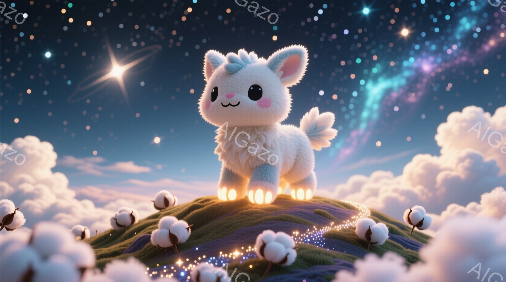 ふわふわの白い生き物が、緑の丘の上に立っています。その生き物は、光る足と、耳の先に小さなフリルがついています。背景には、綿のような雲と、星空が広がり、幻想的な雰囲気を醸し出しています。