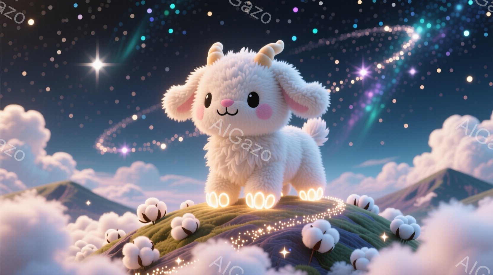 ふわふわの白い羊が、緑の丘の上に立っており、周囲には綿のような光る植物が咲き乱れています。夜空には星が輝き、羊の周りを光の軌跡が優雅に舞っています。全体的に柔らかく、夢のような、幻想的な雰囲気が漂っています。