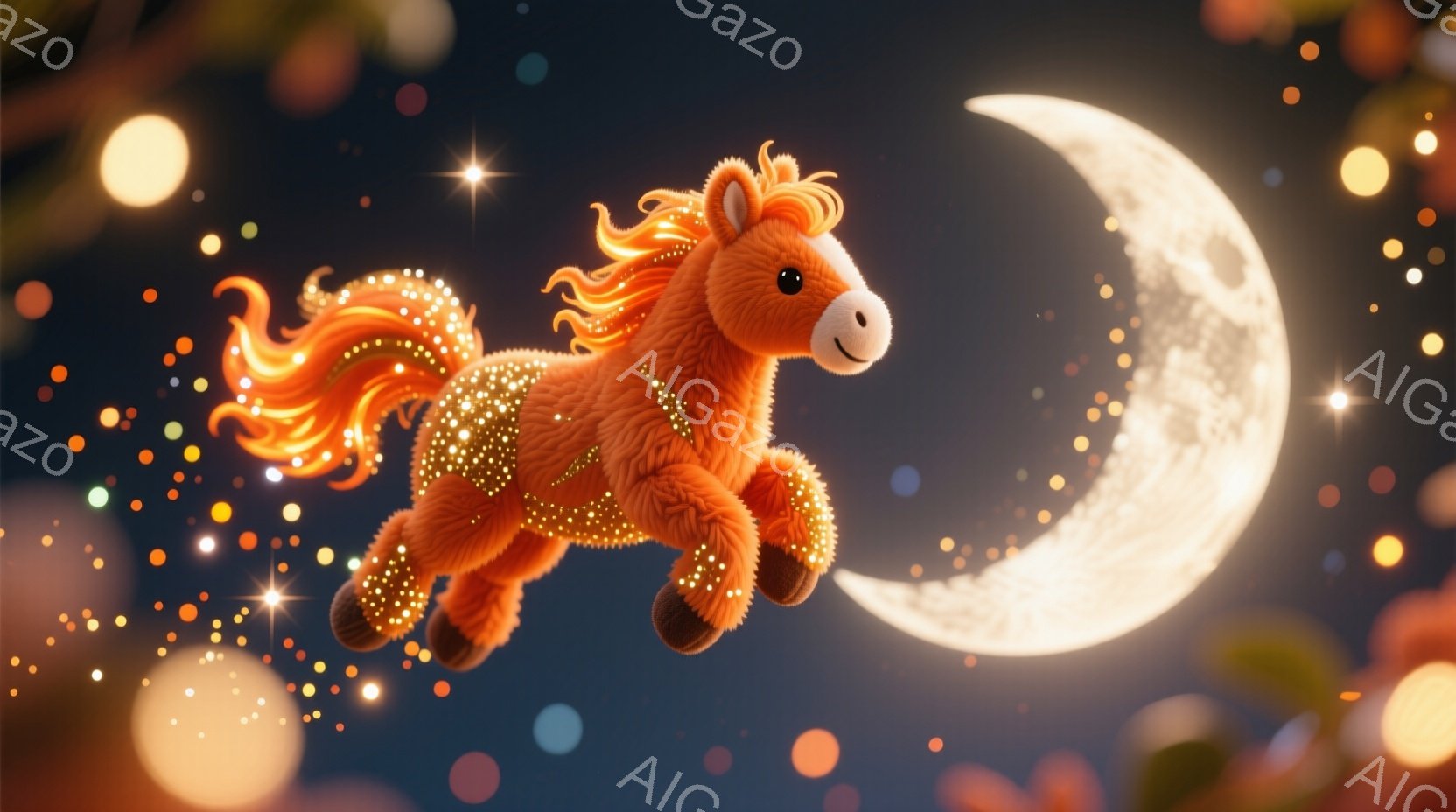 明るいオレンジ色の毛並みを持つ馬が、空中で躍動している様子が描かれています。馬のたてがみと尾には、星屑のような光が散りばめられており、神秘的な印象を与えます。背景には、満ちかけの月と、様々な色の光が散りばめられた夜空が広がり、幻想的な雰囲気を醸し出しています。