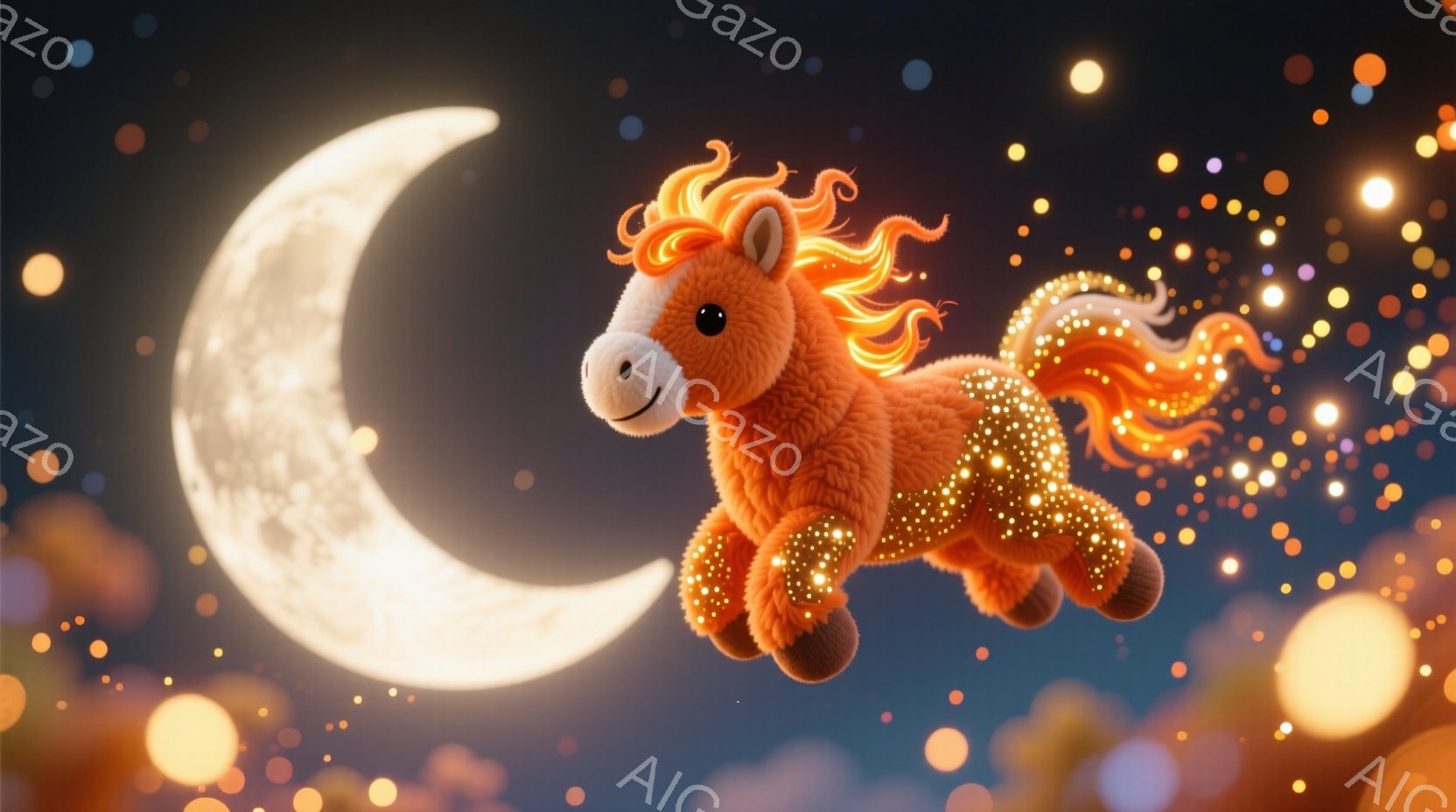 明るいオレンジ色の馬が、星が輝く夜空を飛び跳ねています。馬の毛並みはキラキラと輝き、たてがみと尾は燃えるようなオレンジ色で、活気に満ちた印象を与えます。背景には大きく明るい満月と、ぼやけた雲、そして散 - AI生成フリー素材