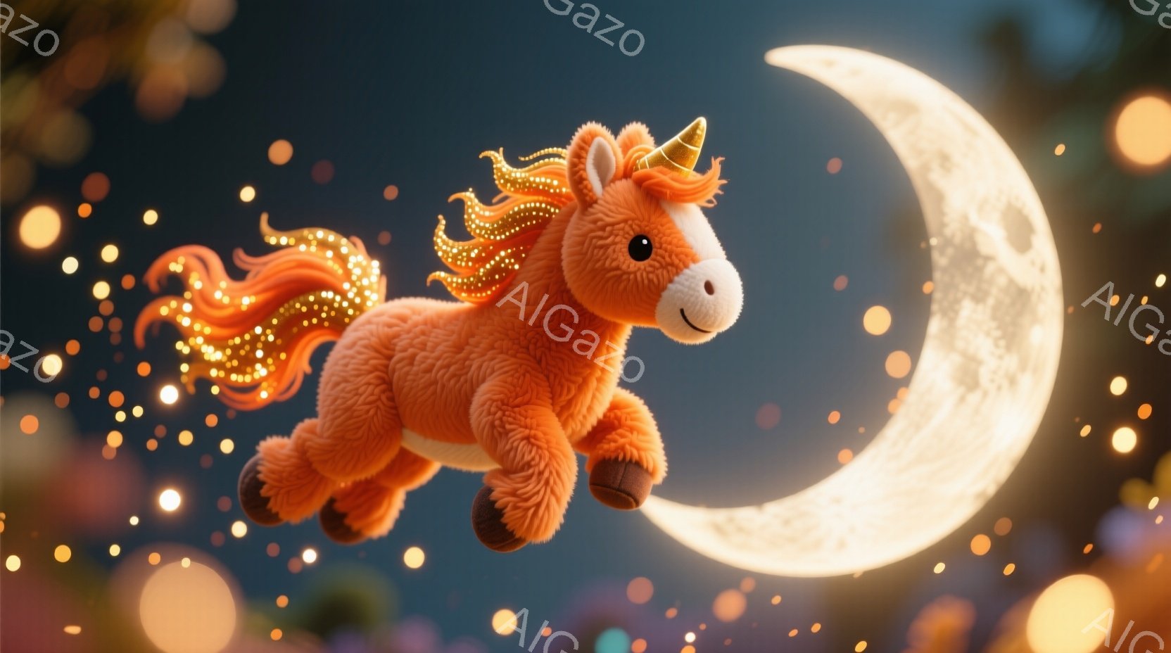 明るいオレンジ色のユニコーンが、キラキラと輝く尾をなびかせながら空を飛んでいる。背景には巨大な満月が浮かび、周りにはぼんやりとした光の粒子が散りばめられており、幻想的な雰囲気を醸し出している。ユニコー - AI生成フリー素材