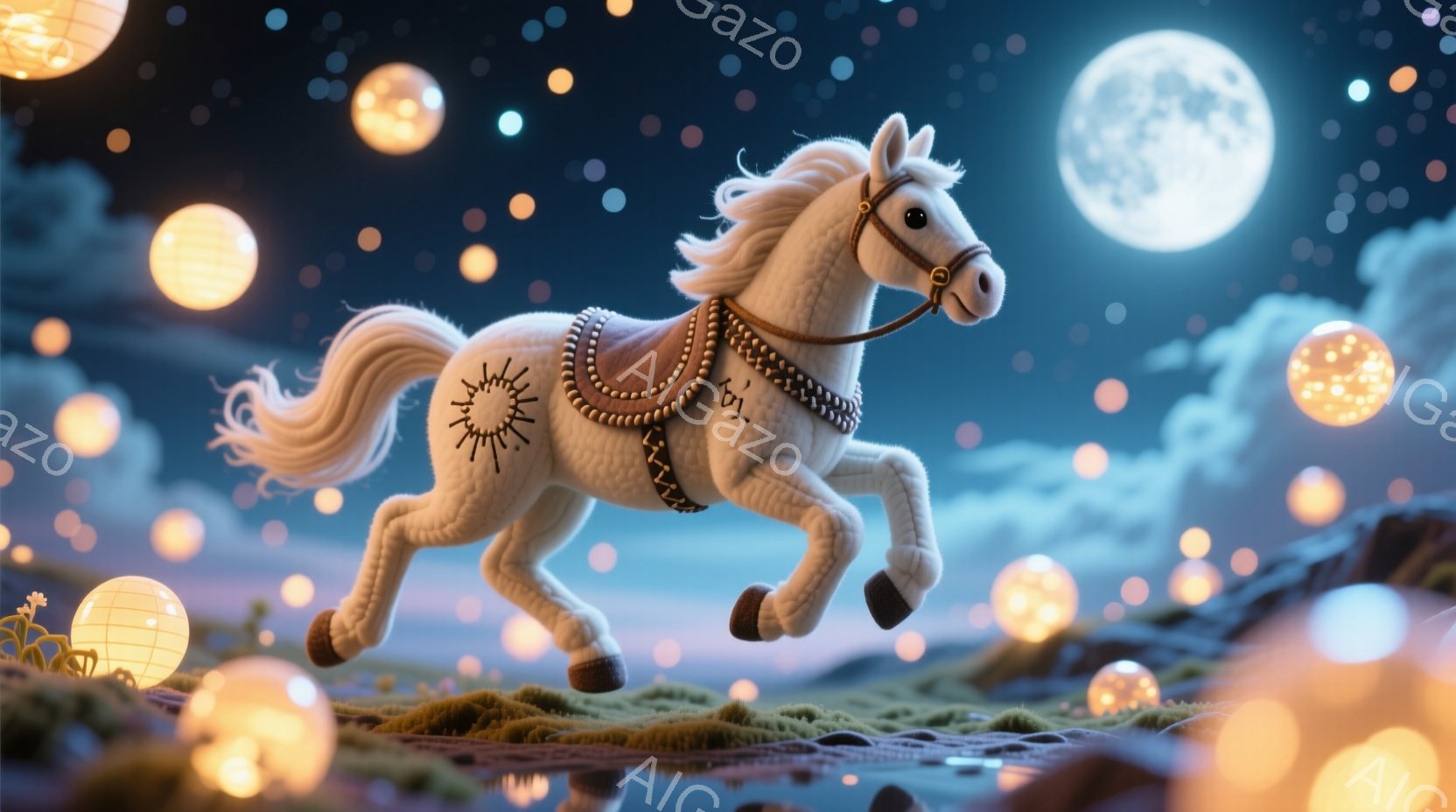 白い毛並みの馬が、緑の苔が生えた地面の上を駆けている。馬の背中には、複雑な模様の刺繍が施された装飾的な鞍が乗せられており、全体的に柔らかく温かみのある雰囲気である。背景には、ぼんやりとした月と、無数の光る玉が浮かび、幻想的で夢のような夜の景色が広がっている。