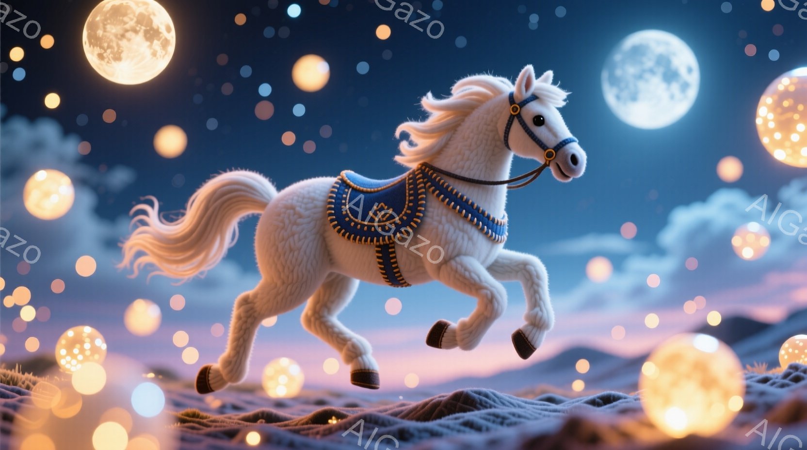 白い馬が、波打つ丘陵地帯の上を駆け抜けている。馬には、金色の装飾が施された美しい鞍が乗せられ、尾とたてがみは風になびいている。背景には、様々な大きさの光り輝く球体と、かすかに見える山々、そして夜空が広がり、幻想的な雰囲気を醸し出している。