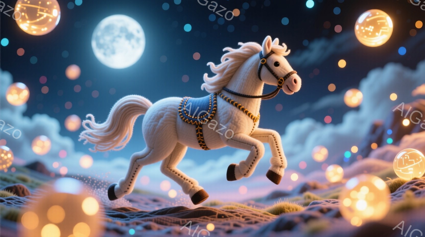 白い馬が、夜空を背景に活発に駆け抜けている様子が描かれています。馬は装飾された鞍と手綱を身につけ、たてがみが風になびき、躍動感あふれるポーズをとっています。背景には、満月と多数の光る球体、そして雪のような丘が広がっており、幻想的で夢のような雰囲気を醸し出しています。