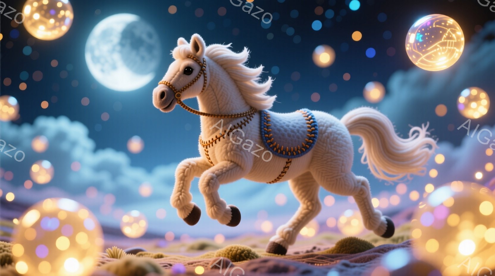 白い毛並みを持つ、手編みのようなユニークな馬が、紫色の起伏のある地形の上を駆けている。金色の装飾が施されたハーネスと、風になびくたてがみが特徴的で、明るい光を放つ球体が背景に浮かび、月や星空が幻想的な雰囲気を醸し出している。全体的に、遊び心があり、夢のような世界観が表現されている。