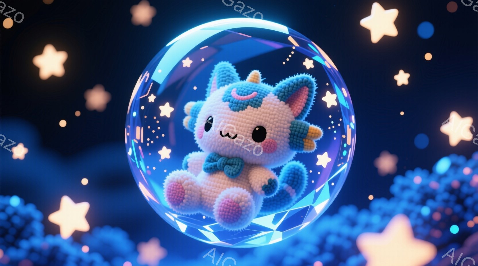 ふわふわした水色のユニコーンのぬいぐるみがお座りになっており、小さな緑の蝶ネクタイをつけています。そのユニコーンは大きな青い光る球体の中に閉じ込められており、周りには様々な大きさの星が輝いています。背景は暗い青色で、星屑が散りばめられており、夢のような幻想的な雰囲気を作り出しています。