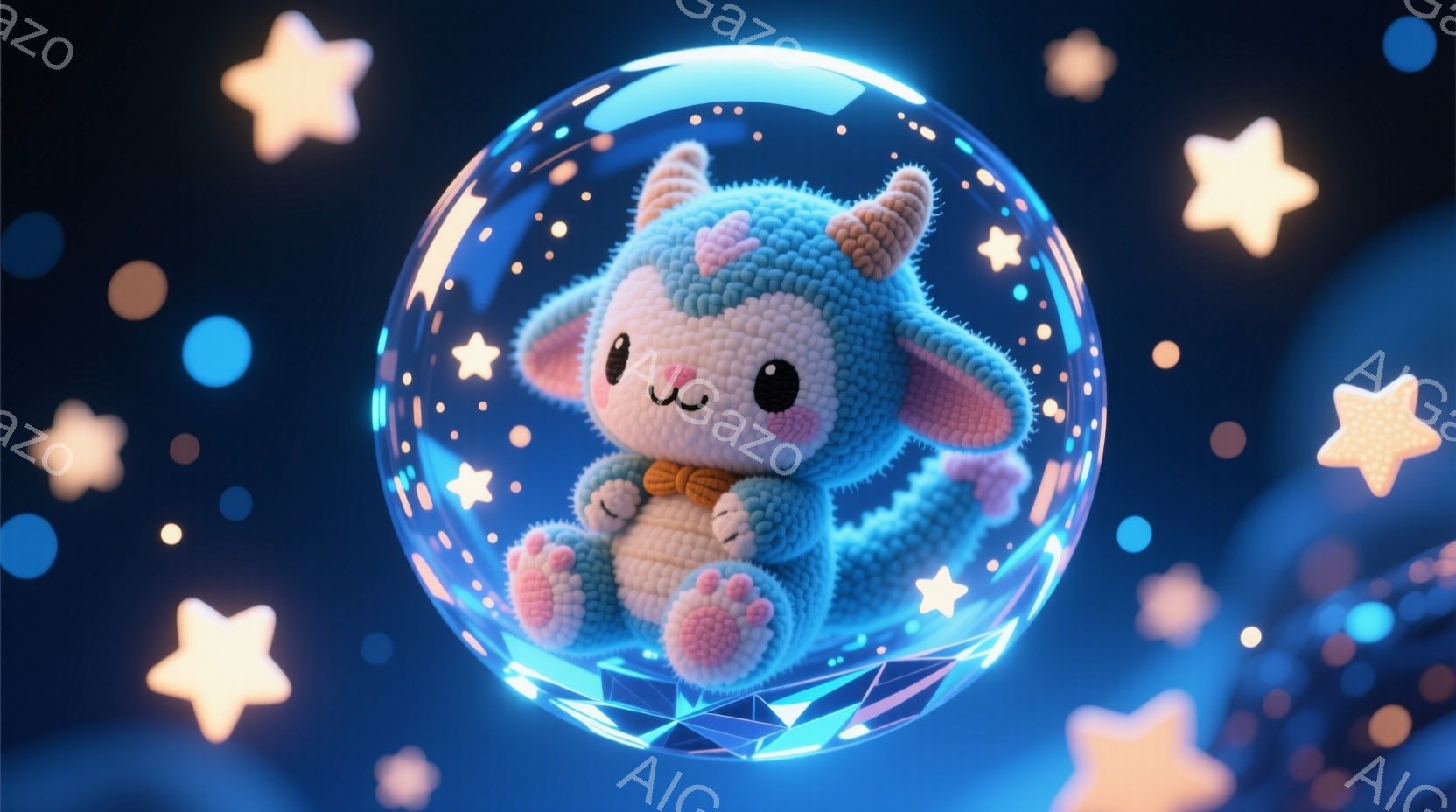 ふわふわとした青い毛並みの小さな生き物が、透明な球体の中に座っています。その生き物は短い脚を曲げて座り、首にはオレンジ色のリボンをつけています。背景は暗く、様々な大きさの星や光の粒子が散りばめられており、夢のような幻想的な雰囲気を醸し出しています。