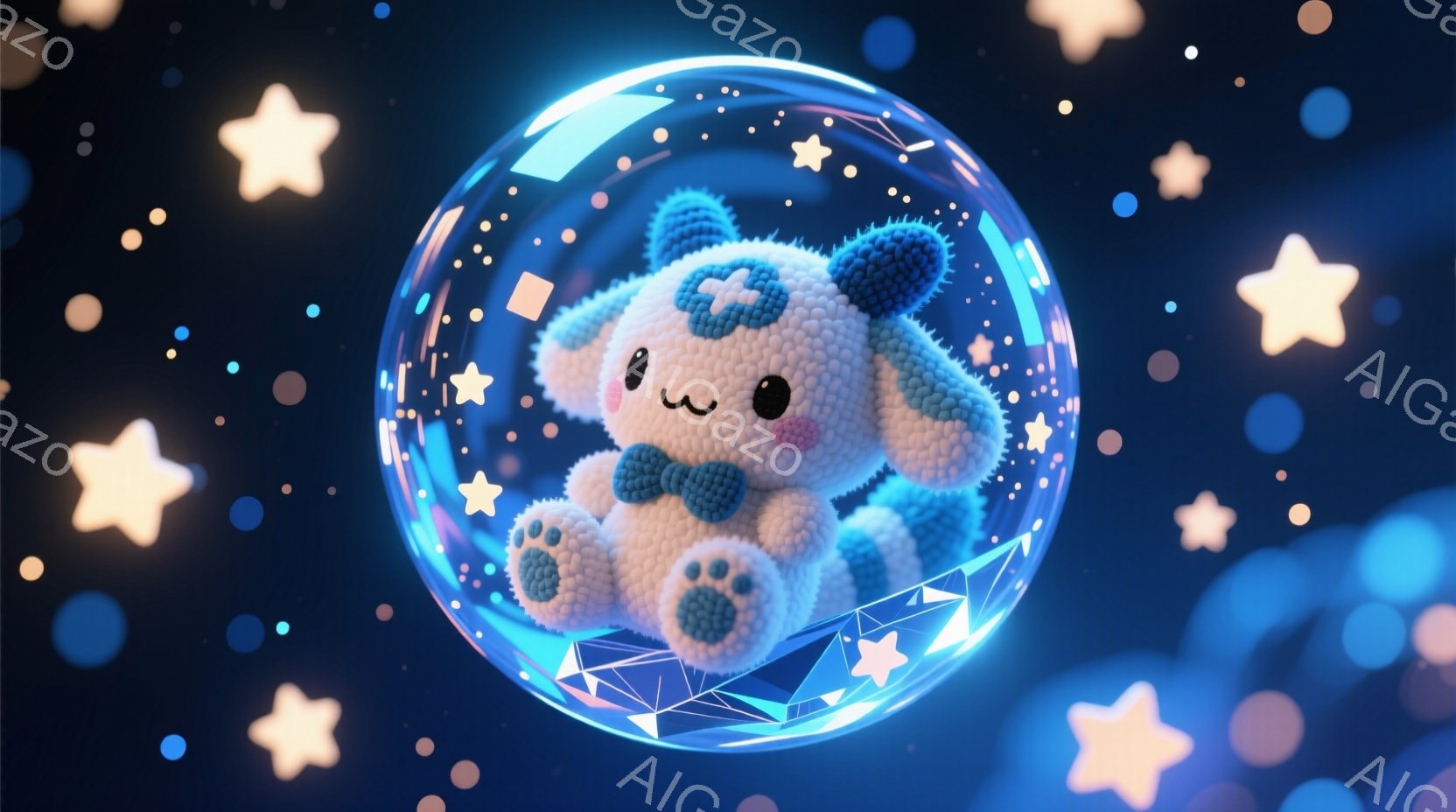 ふわふわの白い子犬が、透明な球体の中に座っています。黒い蝶ネクタイをつけており、つぶらな瞳と微笑みが可愛らしいです。背景には、様々な大きさの青と黄色の星が散りばめられ、幻想的な雰囲気を醸し出しています。