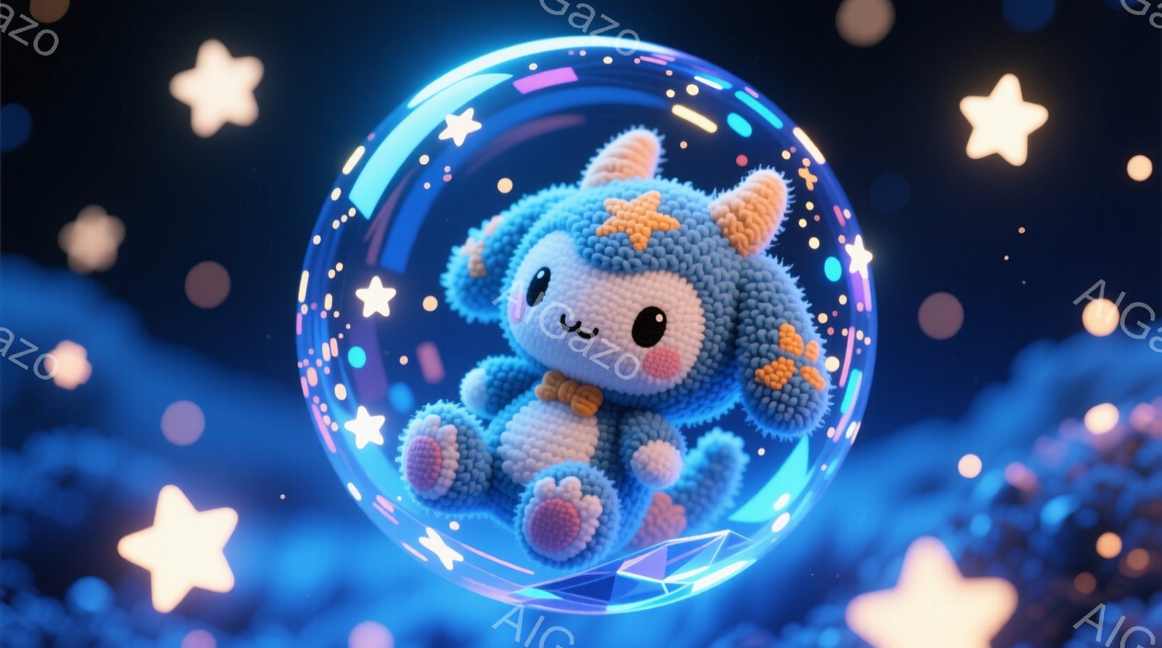 ふわふわした青い毛並みを持つ小さな生き物が、透明な球体の中に座っています。小さな金色の角と耳を持ち、首には黄色いリボンを結んでいます。背景には、ぼやけた星と光の粒子が散りばめられており、夢幻的で幻想的な雰囲気を醸し出しています。