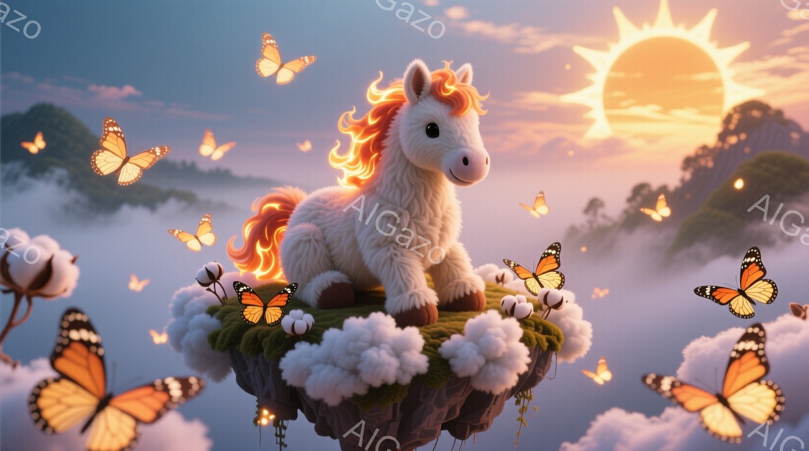 白いユニコーンが、綿のような雲で覆われた緑の浮遊島の上に座っており、燃えるようなオレンジ色のたてがみが特徴的です。背景には、霞がかった山々と、夕焼けのような暖かく優しい光が広がり、周囲にはオレンジと黒 - AI生成フリー素材