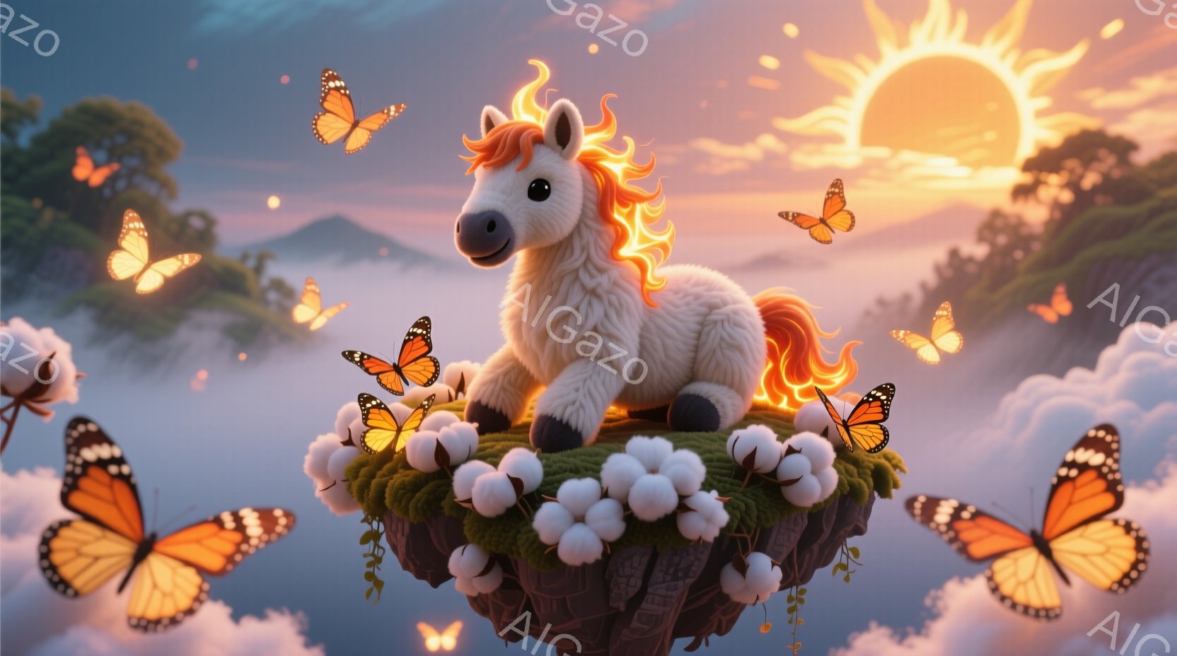 白いユニコーンが、花と緑に覆われた浮遊する岩の上に座り、周囲をオレンジと黒の蝶が舞っている。背景には、雲海から頭を出す山々が広がり、夕焼けのような暖かく幻想的な空が広がっている。全体として、牧歌的で夢 - AI生成フリー素材