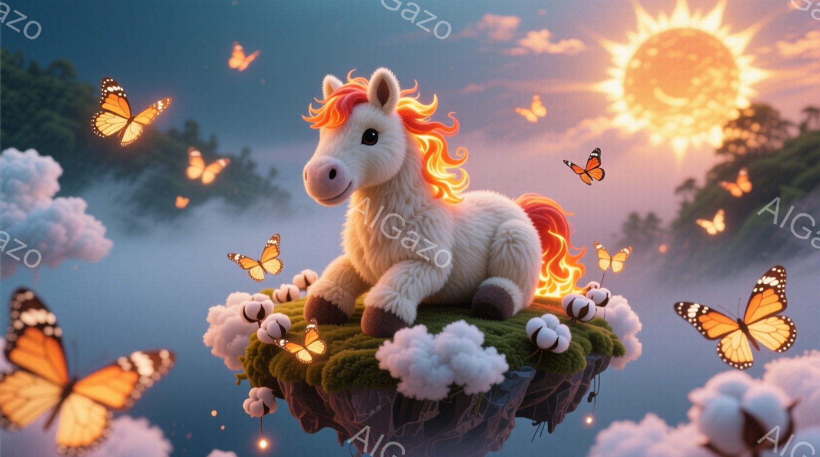 白いユニコーンが緑の草の上に浮かぶ岩の上に座っており、たてがみが燃えるようなオレンジ色と赤色のグラデーションになっています。周囲にはオレンジと黒の蝶が舞い、背景には柔らかい雲と遠くに見える緑の丘が広が - AI生成フリー素材