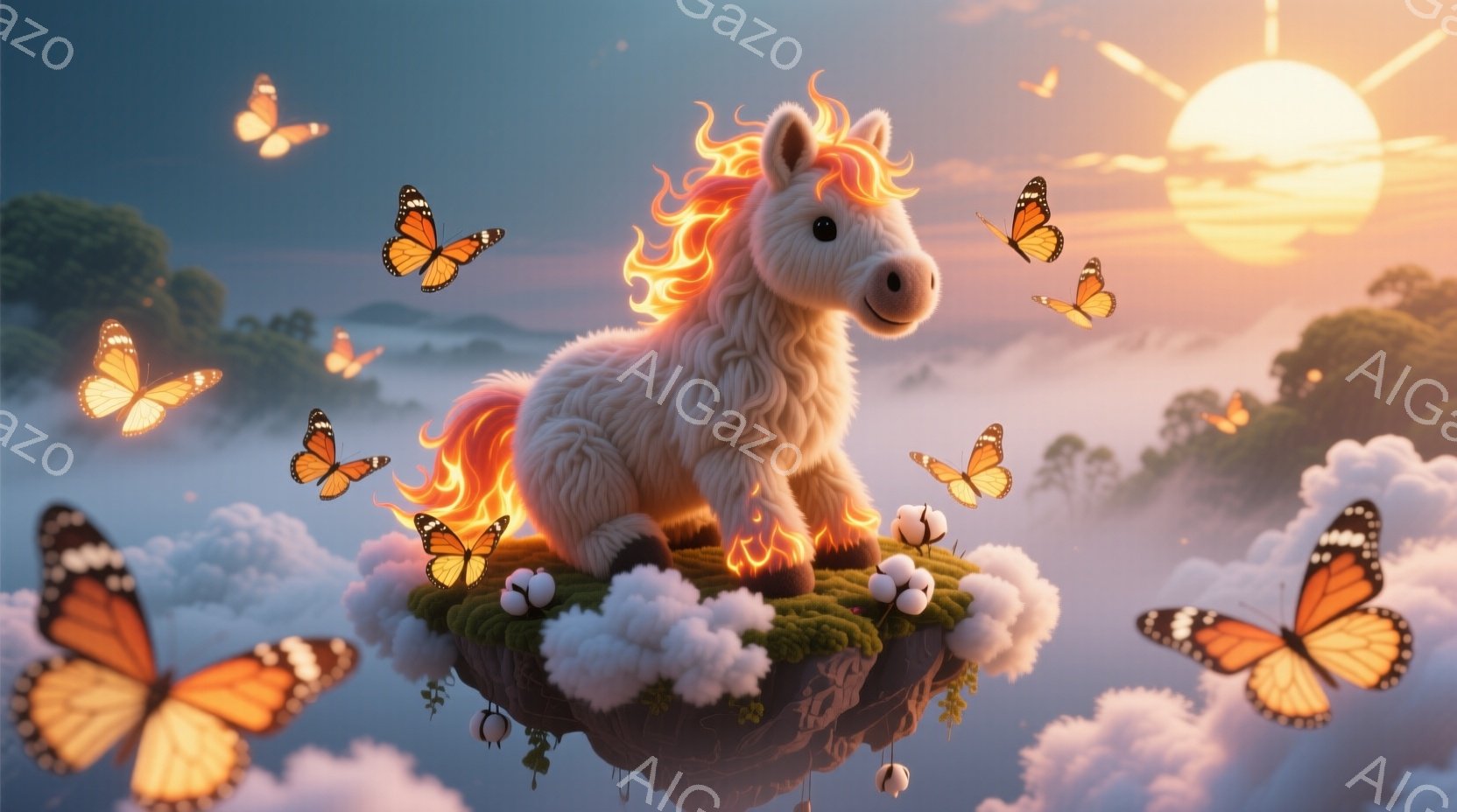 白いユニコーンが、雲の上に浮かぶ岩の上に座っています。そのたてがみと尾は炎のように燃え上がり、周囲にはオレンジ色の蝶が舞っています。背景は夕焼けの空と、ぼんやりとした山々のシルエットで、夢幻的な雰囲気を醸し出しています。