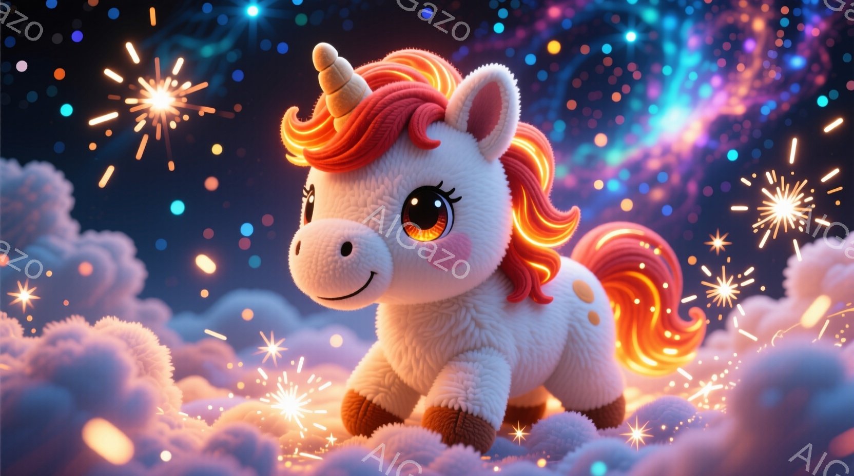 ふわふわとした白いユニコーンが、雲の上を歩いている様子が描かれています。鮮やかなオレンジ色のたてがみと尾が特徴的で、つぶらな瞳と穏やかな笑顔が愛らしい印象を与えます。背景にはきらめく星々が散りばめられ - AI生成フリー素材