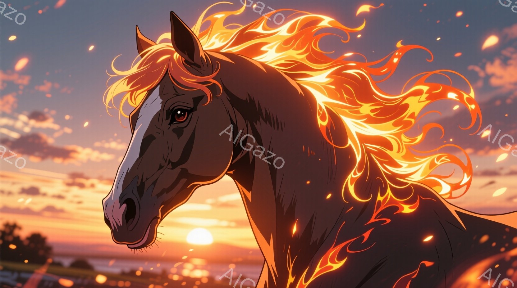 黒い馬が夕焼けを背景に頭部を正面に向けて描かれている。馬のたてがみと尾は炎のように燃え上がり、その鮮やかなオレンジ色が夕焼け空とのコントラストを生み出している。背景にはぼんやりとした緑の草原と、太陽が沈みゆく夕焼け空が広がり、力強く神秘的な雰囲気を醸し出している。