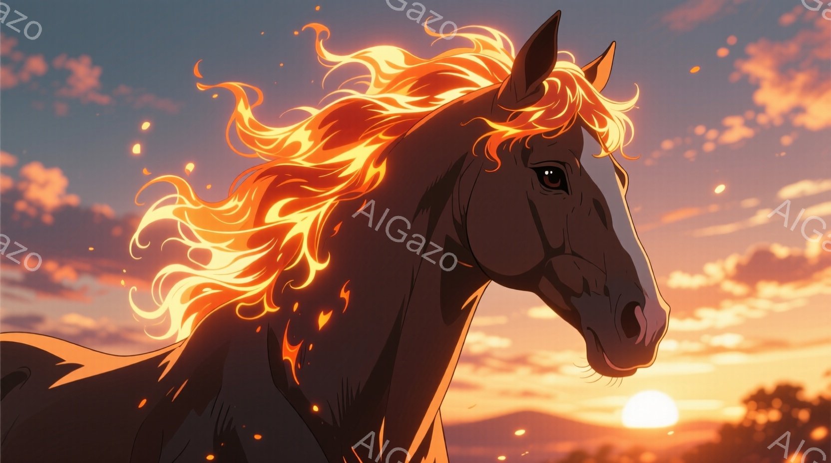 黒い馬が夕焼けを背景に描かれており、たてがみと尻尾が炎のように赤く輝いている。馬は右向きに頭を上げ、力強く前を見据えている様子が印象的だ。背景には穏やかな丘と夕焼け空が広がり、幻想的で躍動感のある雰囲気を醸し出している。