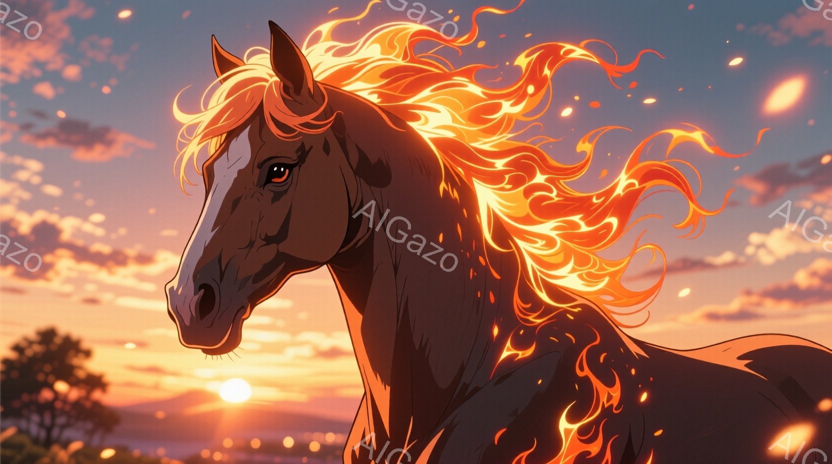 燃えるような鬣を持つ栗色の馬が、夕焼けを背景に横顔で描かれている。鬣は炎のように波打ち、馬の力強さと神秘性を強調している。背景には、夕焼け空と、ぼんやりとした緑の丘が見え、馬のシルエットを際立たせ、ドラマチックな雰囲気を醸し出している。