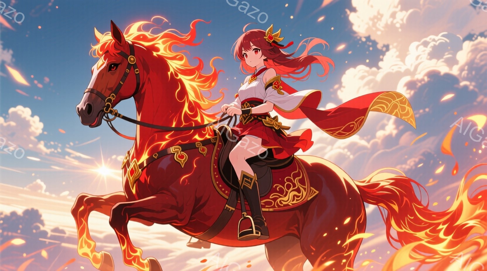 燃えるような赤毛の馬に乗った女性が描かれています。彼女は白いブラウスと金色の装飾が施された赤いスカート、ブーツを着用し、燃えるような赤毛の馬にまたがっています。背景には燃え盛るような夕焼けと雲が広がり、躍動感と神秘的な雰囲気を醸し出しています。