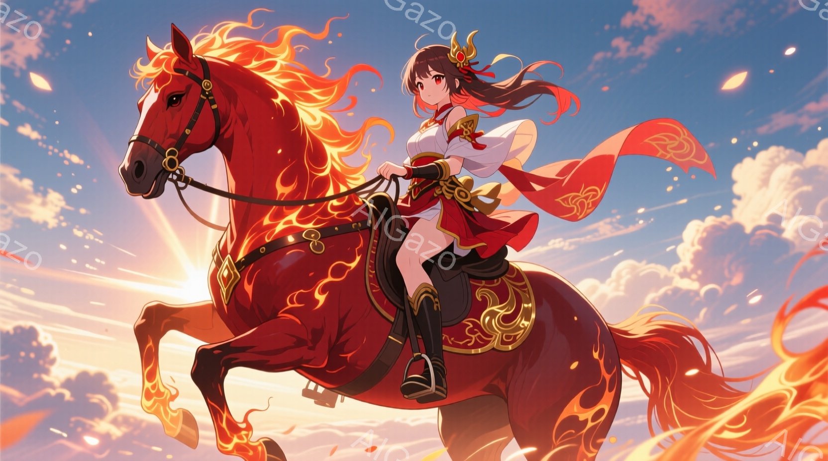 燃え盛るような赤色の馬に乗った少女が描かれています。少女は黒髪を後ろでまとめ、赤いリボンを付けており、白を基調とした装束に金色の装飾が施されています。背景は夕焼けのような暖色で、馬の周囲には炎が舞い、 - AI生成フリー素材