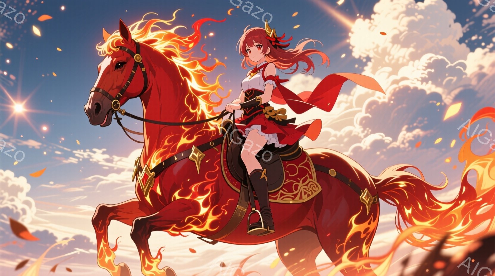赤い髪をなびかせ、赤い衣装を身につけた少女が、炎を纏った馬に乗って疾走している。少女は笑顔で、馬は力強く大地を蹴り上げ、躍動感に満ちた姿を見せている。背景は燃えるような夕焼け空と雲が広がり、馬の周りには炎のような粒子が舞い、幻想的で力強い雰囲気を醸し出している。