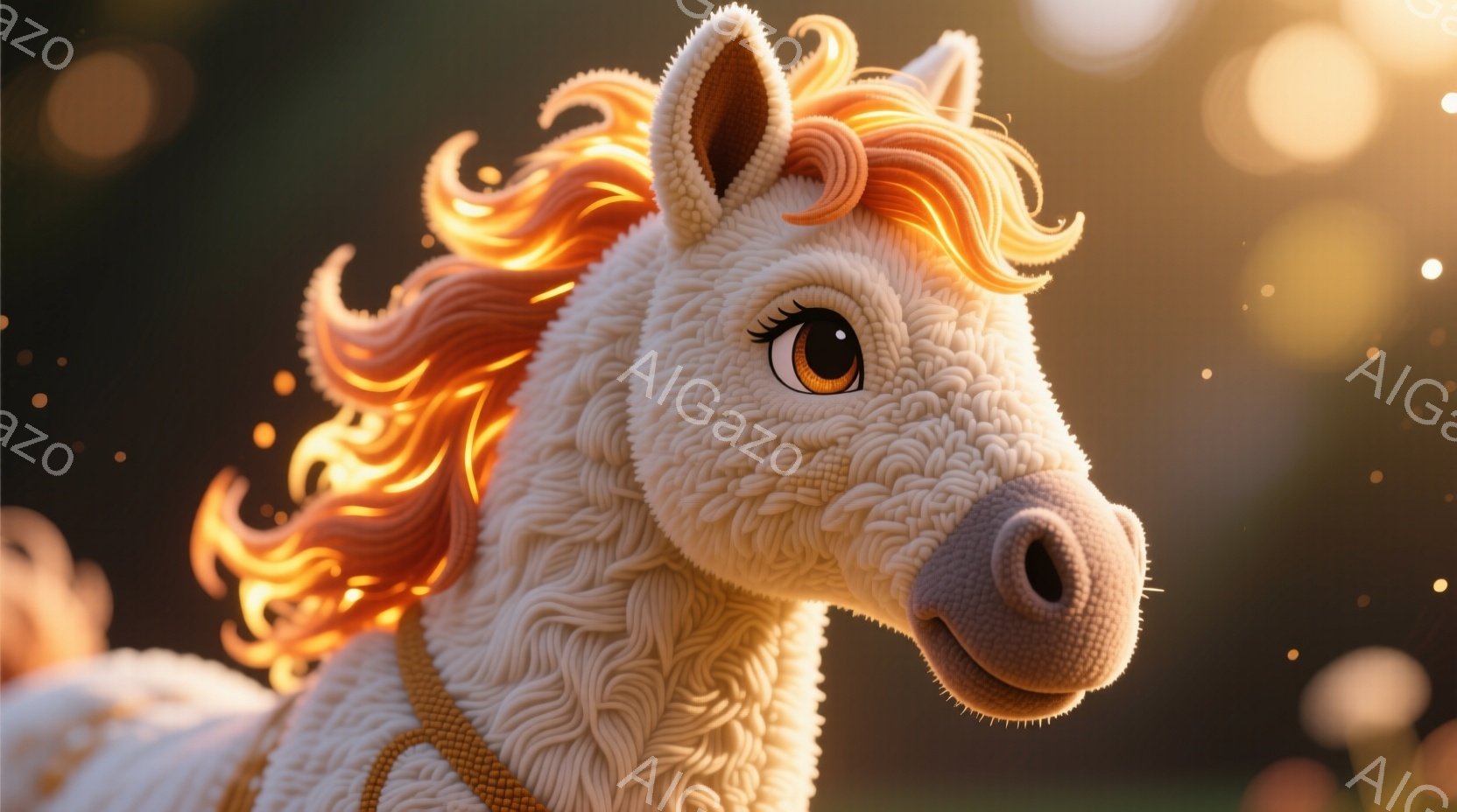 白い馬の頭部がクローズアップで描かれています。馬の毛並みは細い糸を編み込んだような独特の質感で、たてがみが燃えるように鮮やかなオレンジ色で表現されています。背景はぼやけた自然の風景で、暖かい光が差し込み、穏やかで幻想的な雰囲気を醸し出しています。