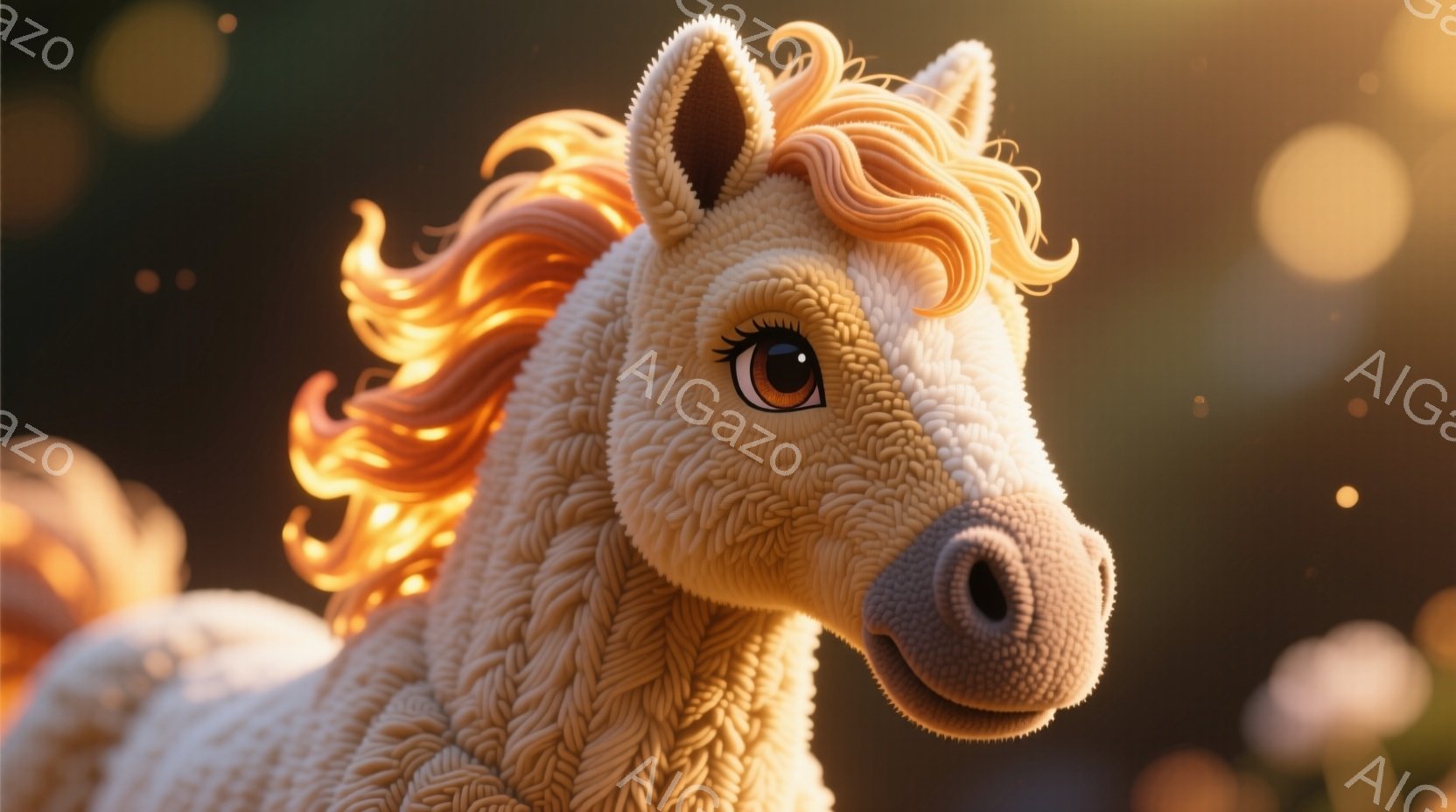 複雑な模様で構成された、まるで編み物のような毛並みの茶色の馬の頭部をクローズアップしたものです。鮮やかなオレンジ色のたてがみが印象的で、馬は少し上目遣いをしており、穏やかで優しい表情をしています。背景はぼかされており、暖色系の光が散りばめられ、夢幻的な雰囲気を醸し出しています。