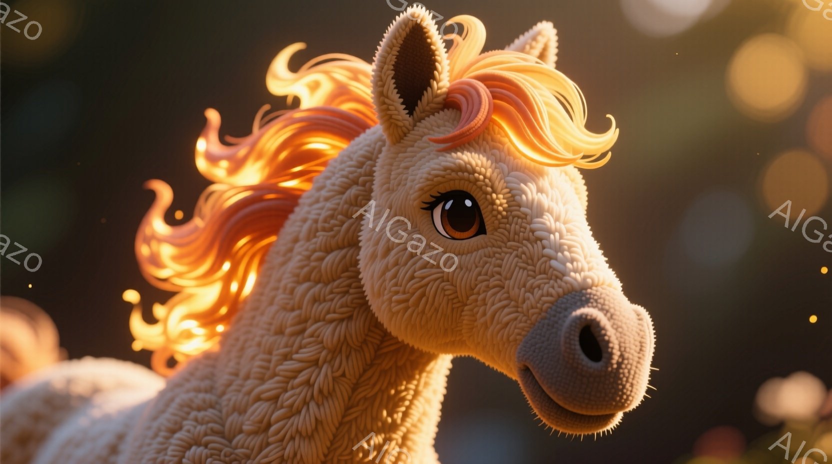 明るいオレンジ色のたてがみが特徴的な、ふわふわとした質感の馬の顔のクローズアップです。目は大きく丸く、優しげな表情をしています。背景はぼやけたオレンジと黄色の光のぼかしで、暖かく穏やかな雰囲気を醸し出しています。